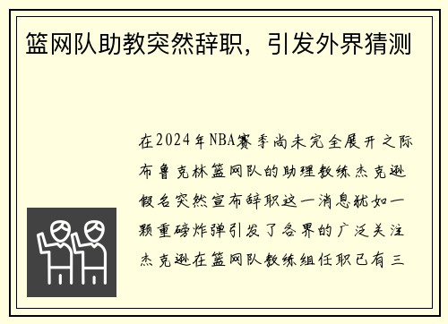 篮网队助教突然辞职，引发外界猜测
