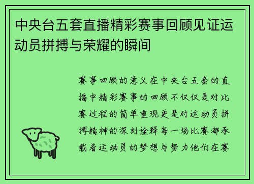 中央台五套直播精彩赛事回顾见证运动员拼搏与荣耀的瞬间