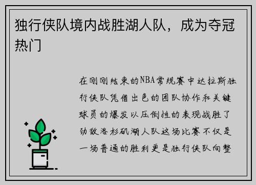 独行侠队境内战胜湖人队，成为夺冠热门
